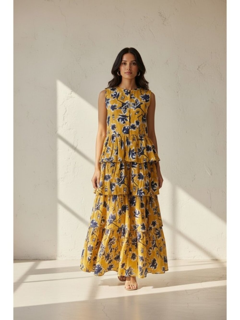 Osman Yousefzada Tiered Maxi Dress Womens Size 10 Yellow Floral Ruffle Boho
